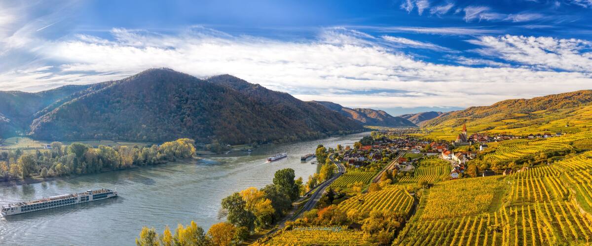A river with boats, vineyards, and a town with houses and a church.