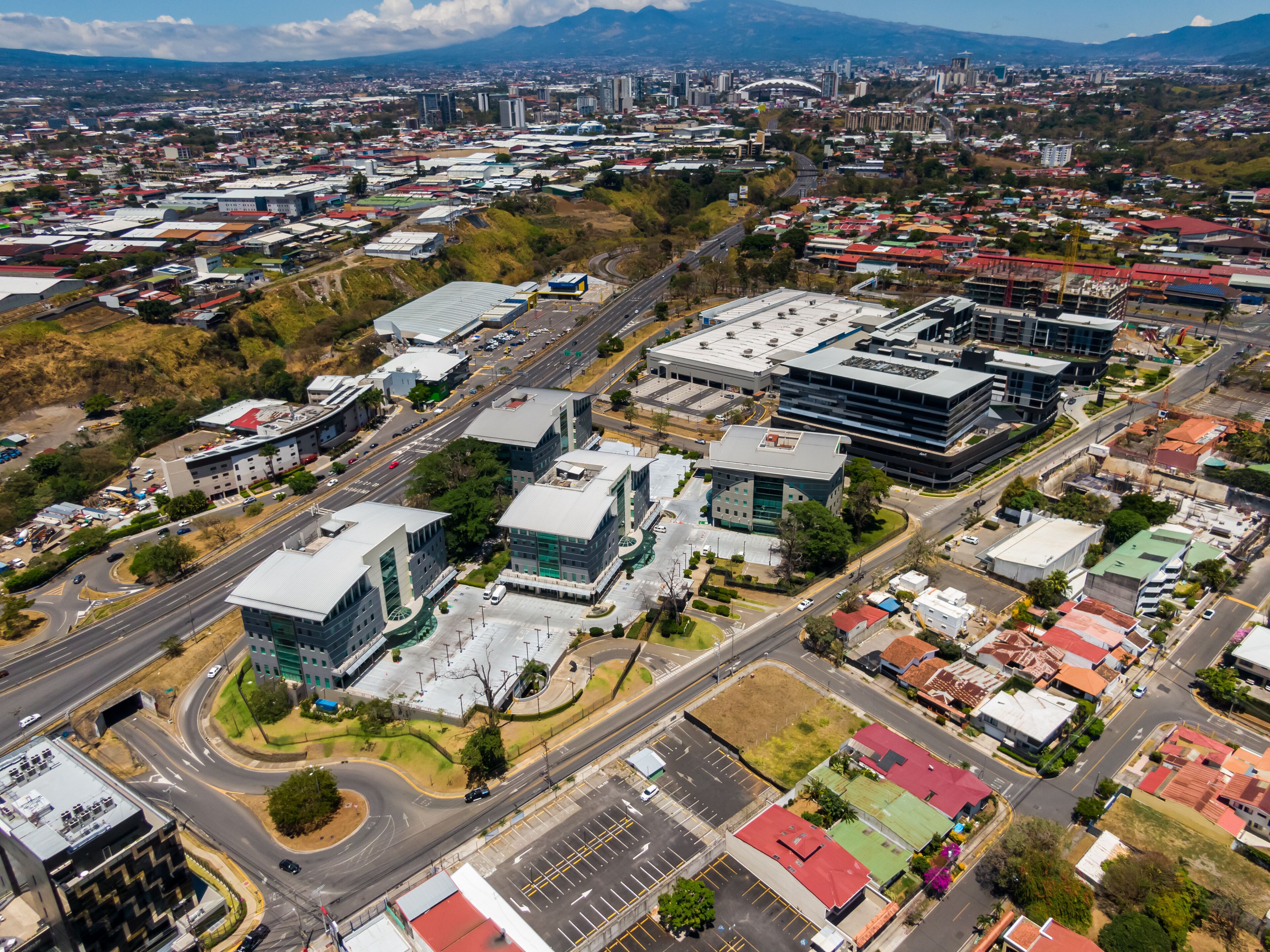 Beautiful aerial view of the city of San Jose with view of the Sabana Park and the Stadium.