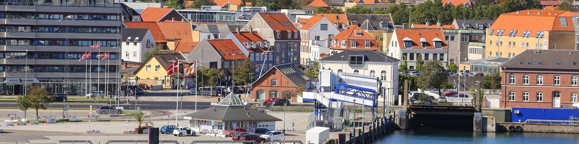 A harbor with boats, a bridge, and buildings with red roofs.