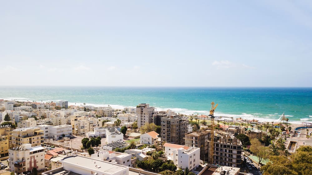 NAHARIYA, ISRAEL-MARCH 9, 2018: Nahariya city coastline panoramic aerial view.