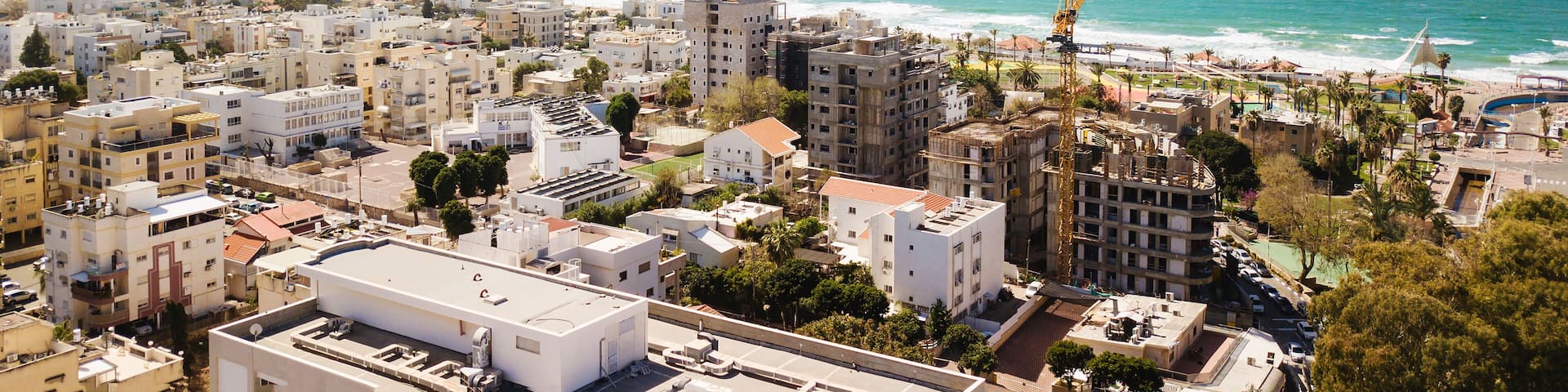 NAHARIYA, ISRAEL-MARCH 9, 2018: Nahariya city coastline panoramic aerial view.