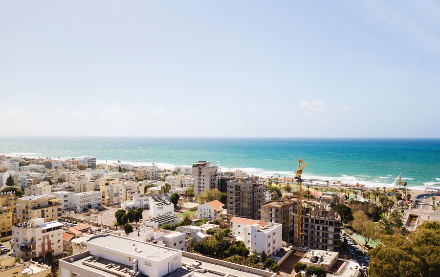NAHARIYA, ISRAEL-MARCH 9, 2018: Nahariya city coastline panoramic aerial view.