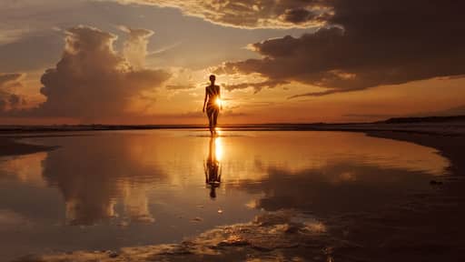 A person standing on a reflective beach at sunset with clouds in the sky.