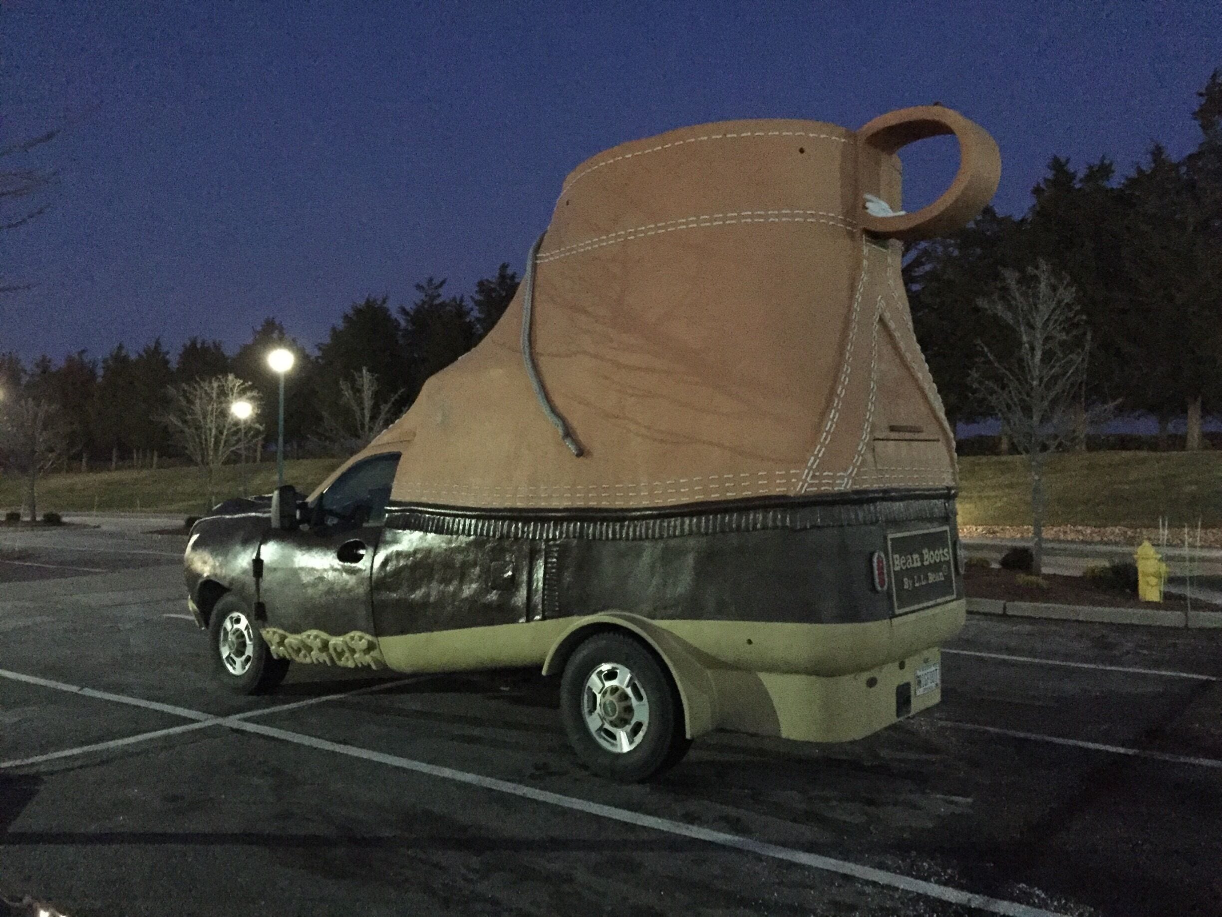 My husband and I were leaving the parking lot after dropping off supplies for a weekend seminar and we spotted this giant boot car. It’s an LL Bean. How fun!