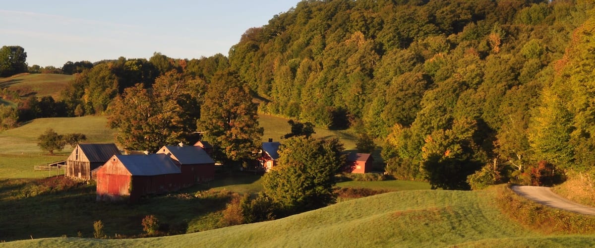 A rural landscape with rolling hills, a winding road, and several red barns.