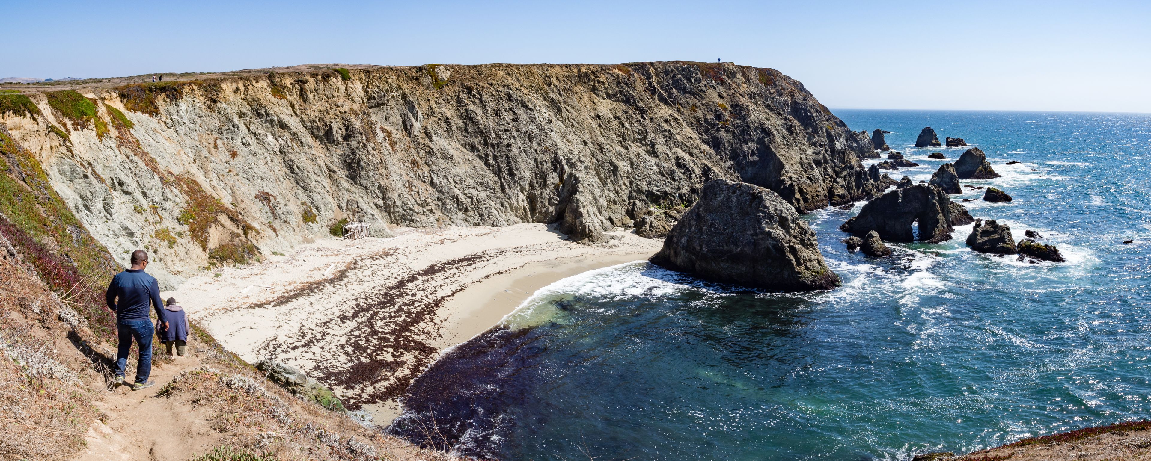 Three hikers on trail above rocky cliffs and ocean at Bodega Head Trail, Bodega Bay, California, United States on sunny summer day