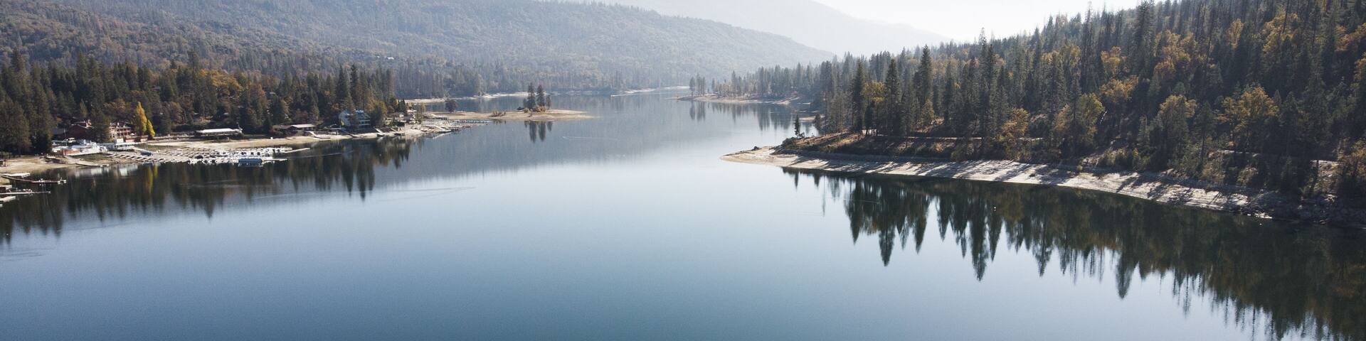 Forest reflected in the water of Bass river in California