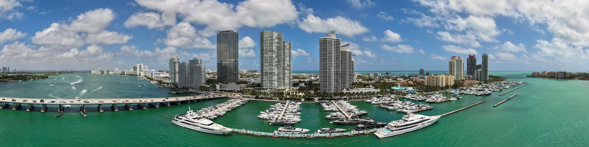 Panorama of Miami Beach skyline. Miami Beach cityscape. Miami Beach skyline with skyscrapers and coastline from above.