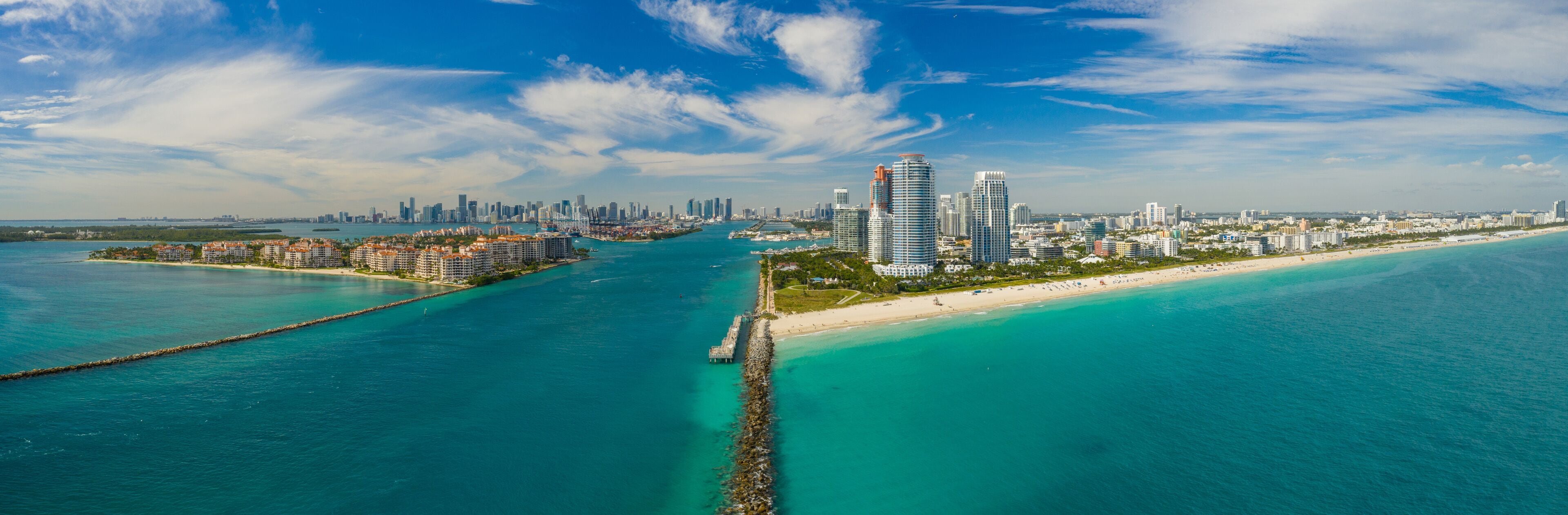 Aerial drone panorama Miami Beach Florida
