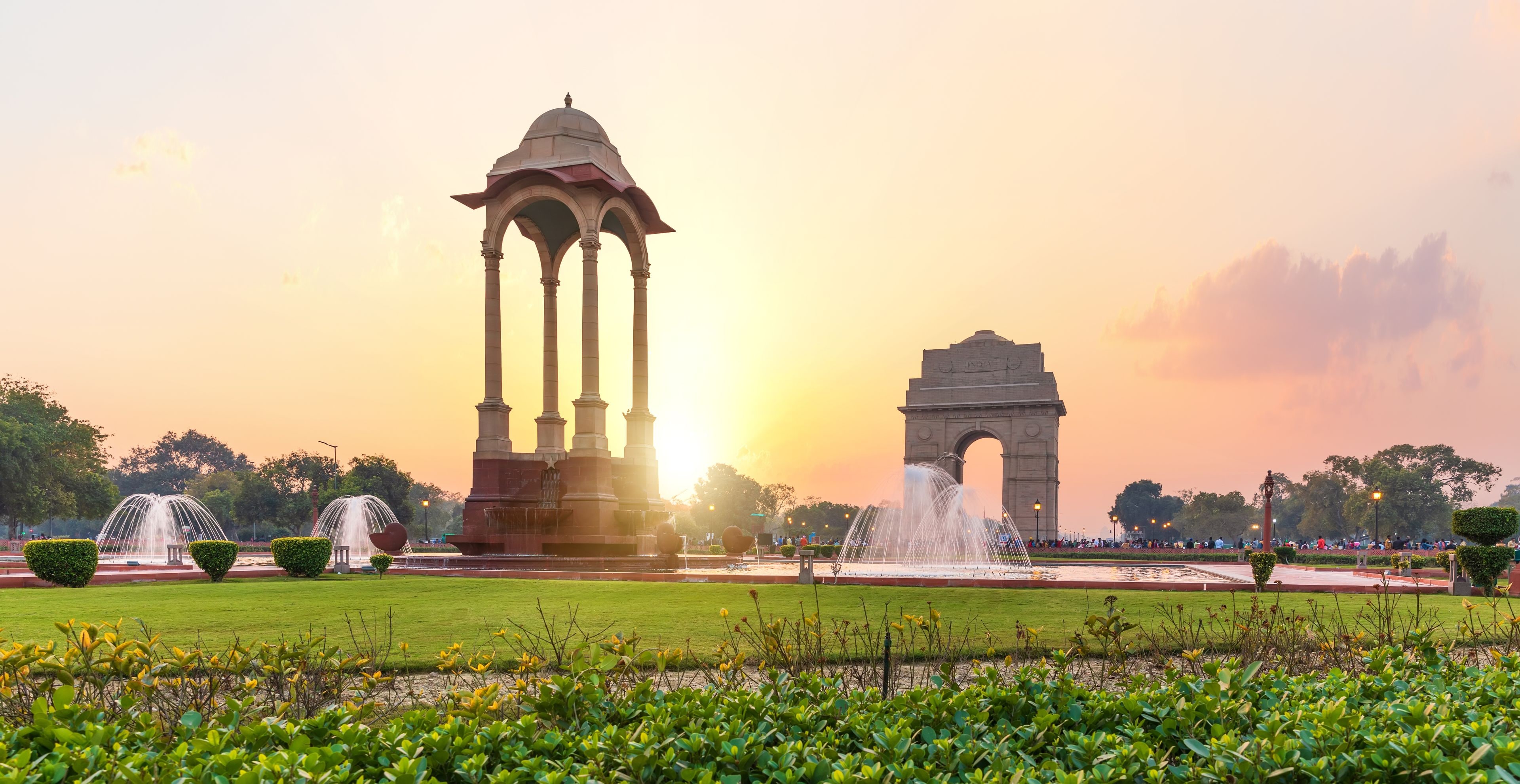 The India Gate and the Canopy at sunset in New Delhi, view from the National War Memorial