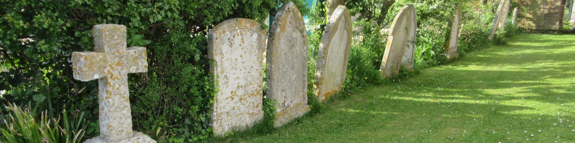 Una hilera de lápidas desgastadas en un cementerio cubierto de hierba, con abundante vegetación y una pequeña construcción de madera al fondo.