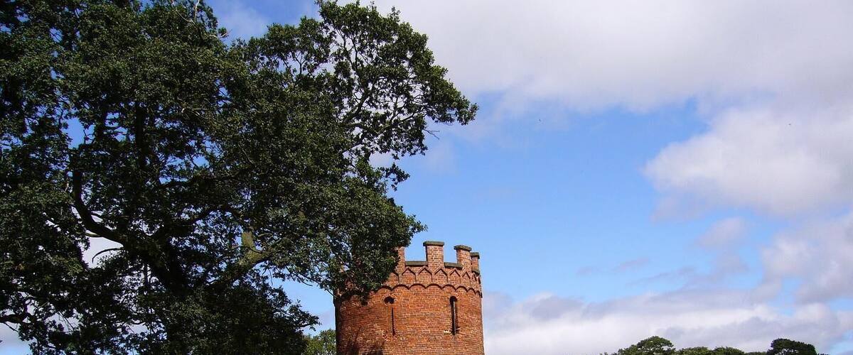 A brick tower in a grassy field with a large tree nearby.