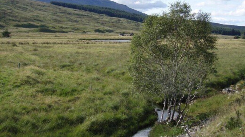 Looking back up Glen Cassley Looking across the flood plain and towards the head of the glen. The ruin is Dalnaclave.