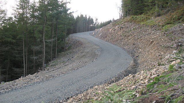 New road, Thornylee Craigs A newly extended logging road running up the steep hillside above Thornielee.