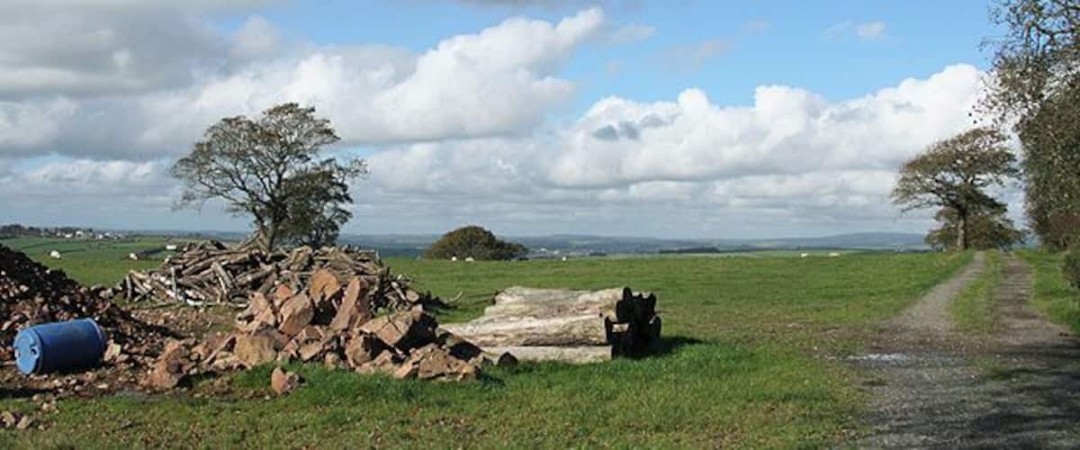 A rural landscape with a dirt path, a pile of rocks, a tree, and a distant view of hills under a partly cloudy sky.