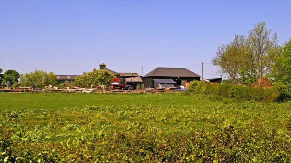 Paesaggio rurale con un ampio campo verde, un fienile e una casa con tetto rosso.