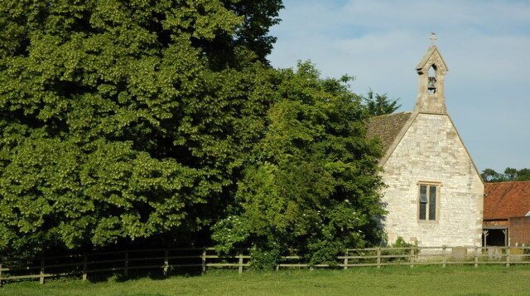 Church of England parish church of All Saints church, Woolstone, Oxfordshire: the west end, seen from the nearby public footpath