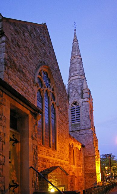 Entrance to Trinity Church Hall with Spire of Trinity Church, Enfield Trinity Church Hall entrance taken from Gentleman's Row with the spire of Trinity Church. The Cedar of Lebanon on Library Green can be seen in the bottom right hand corner.