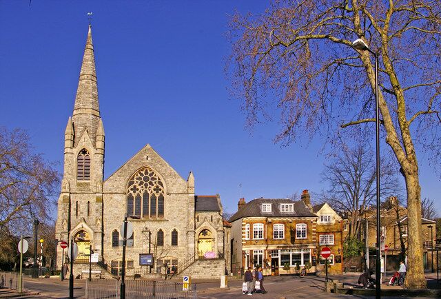Trinity Church, Stag Public House and side of Register Office, Enfield Looking from across the road you can see Trinity Church on the left, the Stag public house and behind the tree the side of the Register Office, which is actually located in Gentleman's Row, backing on to Little Park Gardens.