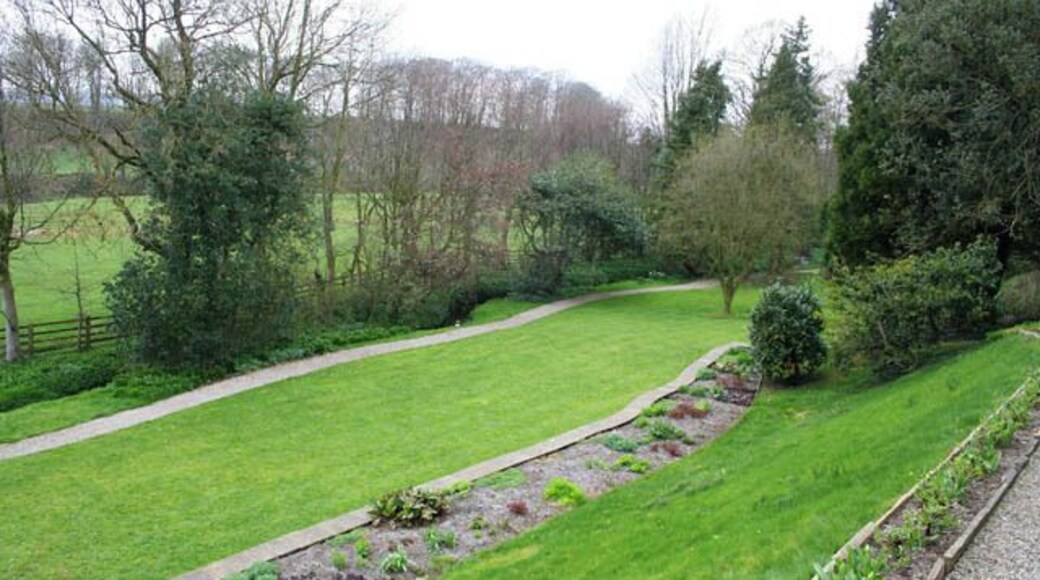 Gardens at Mitton Hall. The terraced gardens lead down to a small stream which joins the River Ribble off towards the left of the photograph.