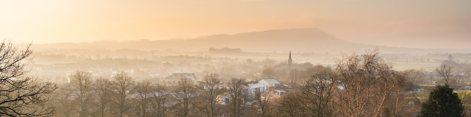 A misty landscape with a prominent hill, scattered houses, and leafless trees.