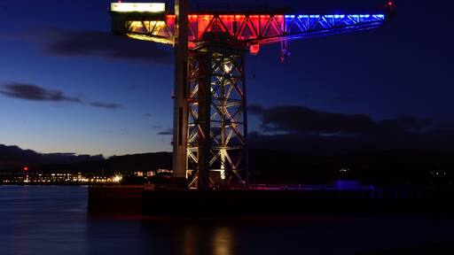 Last night the crane was illuminated with the colours of the Catalan flag, yellow, red and blue.
The crane is all that remains of Clydebank’s famous John Brown shipyard, and stands at the side of the fitting out basin.