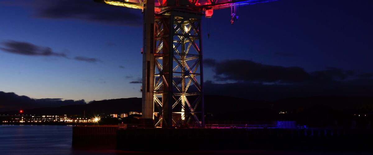Last night the crane was illuminated with the colours of the Catalan flag, yellow, red and blue.
The crane is all that remains of Clydebank’s famous John Brown shipyard, and stands at the side of the fitting out basin.