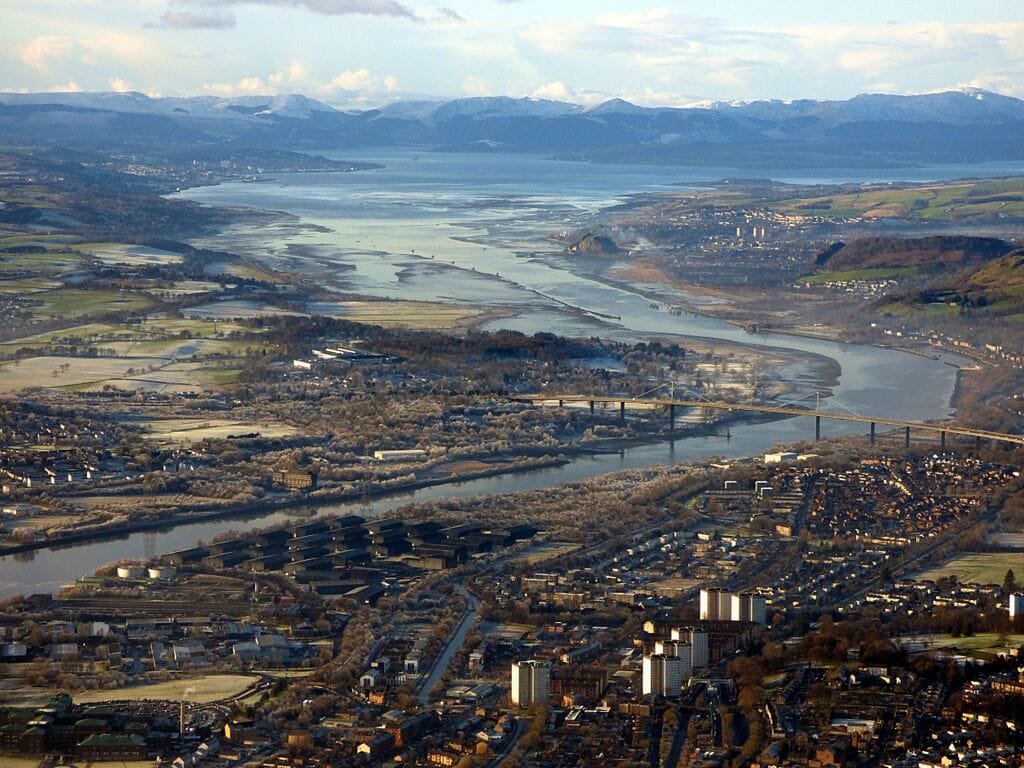 Looking downstream along the River Clyde to the Erskine Bridge, the Firth of Clyde and the Argyll hills.