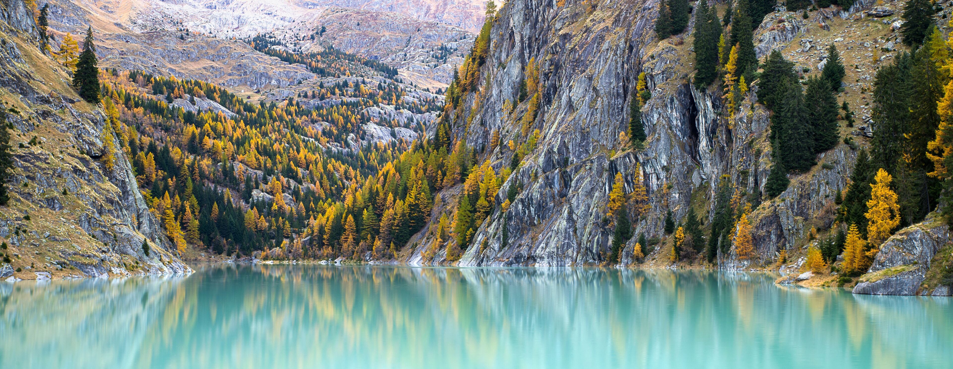 Landscape at Stausee Gibidum and Gebidem dam to power the Bitsch Electra-Massa storage power station from Alpiq with the meltwater from the Aletsch Glacier