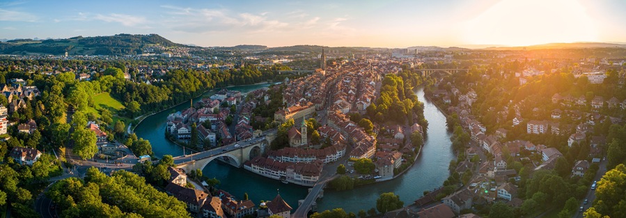Sunset over Bern Switzerland - aerial view by drone