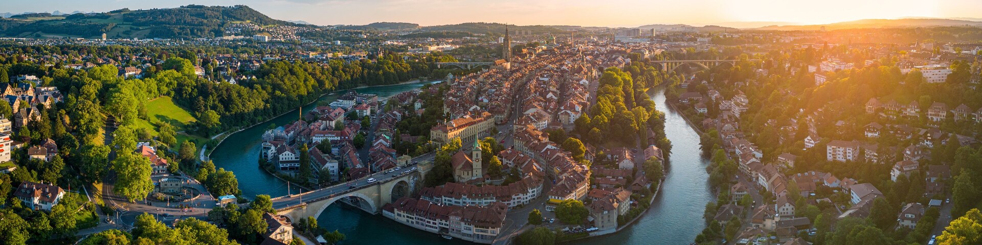 Sunset over Bern Switzerland - aerial view by drone