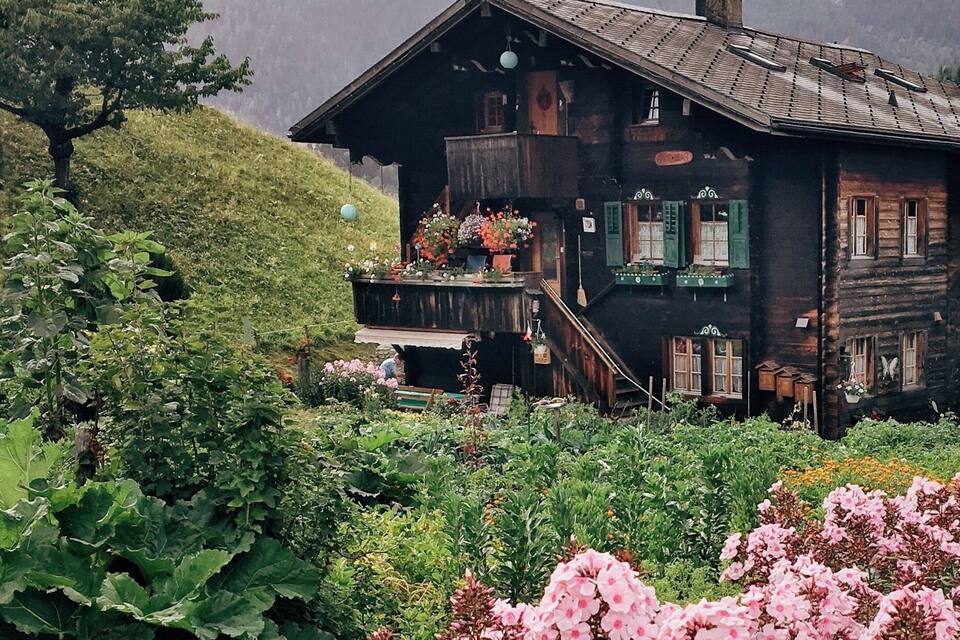 A wooden house with a balcony, surrounded by lush greenery and mountains in the background.