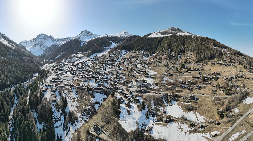 Drone pictures of the beautiful village of Grimentz and the valley of Anniviers, Switzerland.