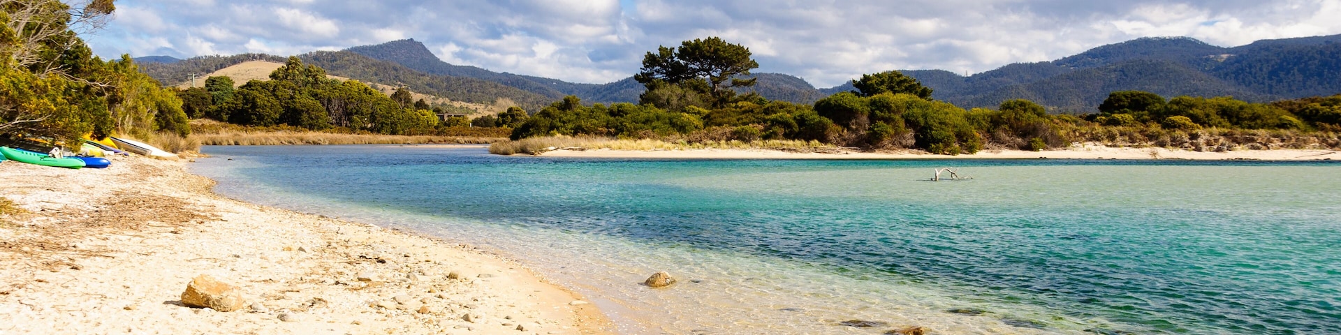 A beach with clear turquoise water, sandy shore, and green trees in the background.