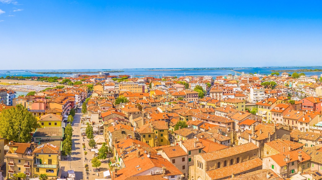 A panoramic aerial view of the old town of Grado, Italy, showcasing its charming historical architecture, red-tiled roofs, and coastal setting along the Adriatic in the Friuli-Venezia Giulia region