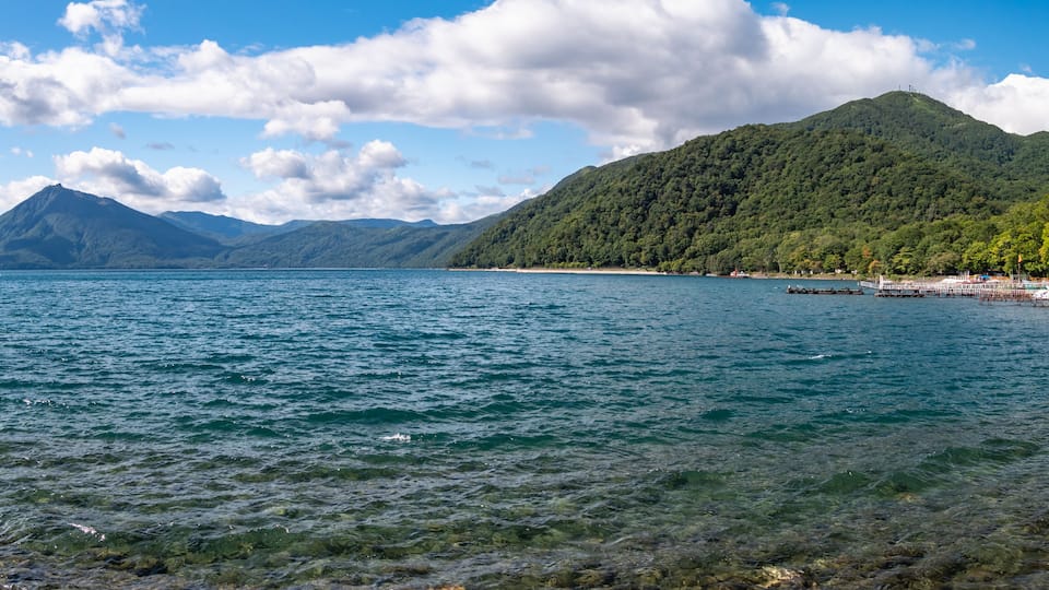A lake with clear water, a forested mountain, and a dock with boats.