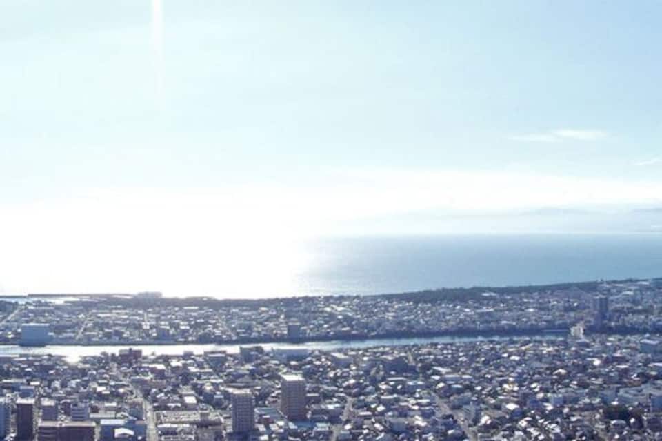 A panoramic view of a city with a prominent mountain, a river, and a coastal area.