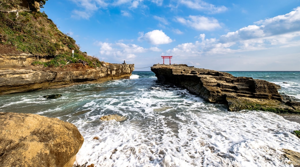 Shirahama Jinja Shrine Torii on the cliff by the shore in Izu Peninsula, Shizuoka, Japan