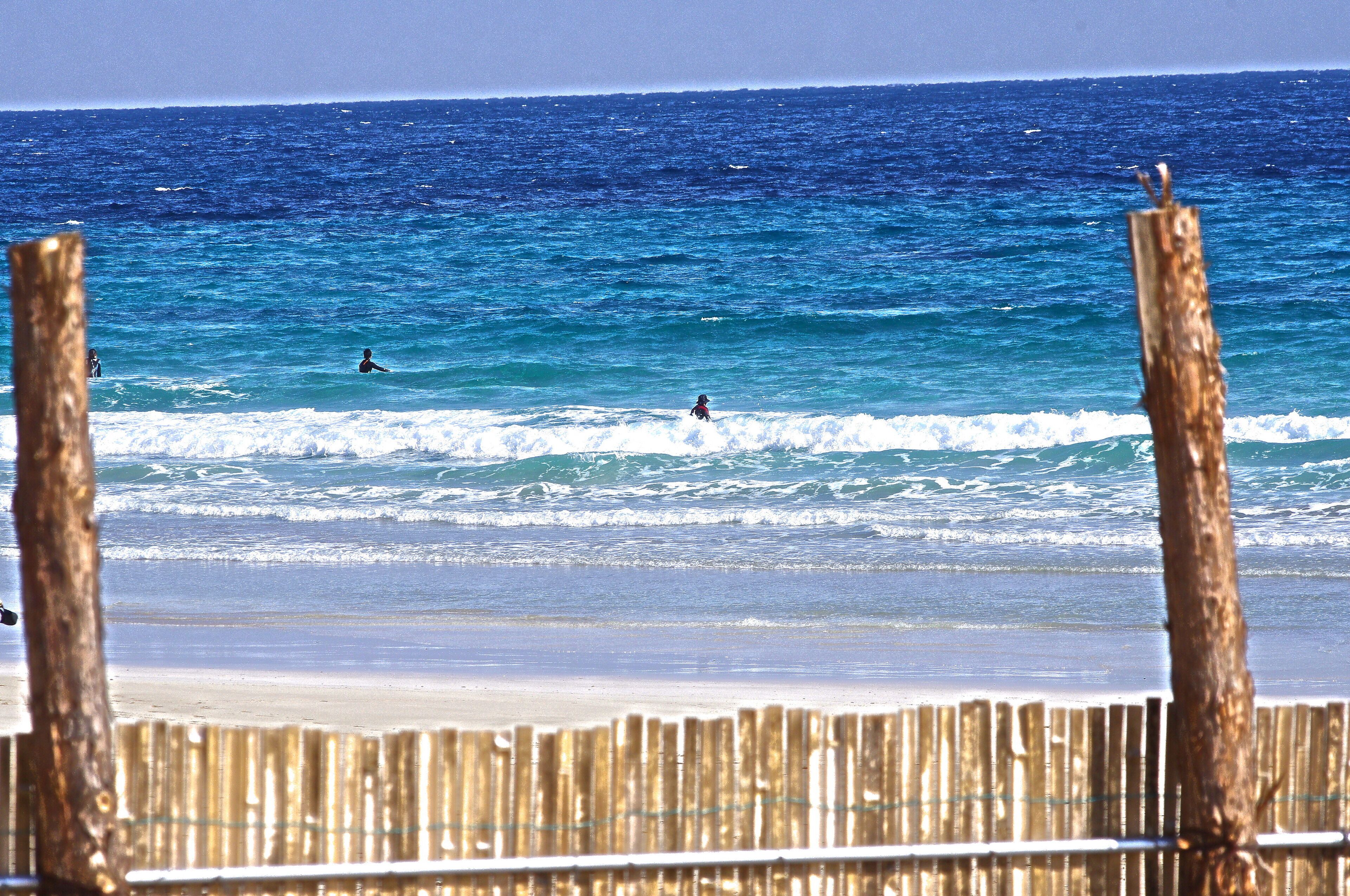 A beach with waves, a wooden fence, and a person in the water.