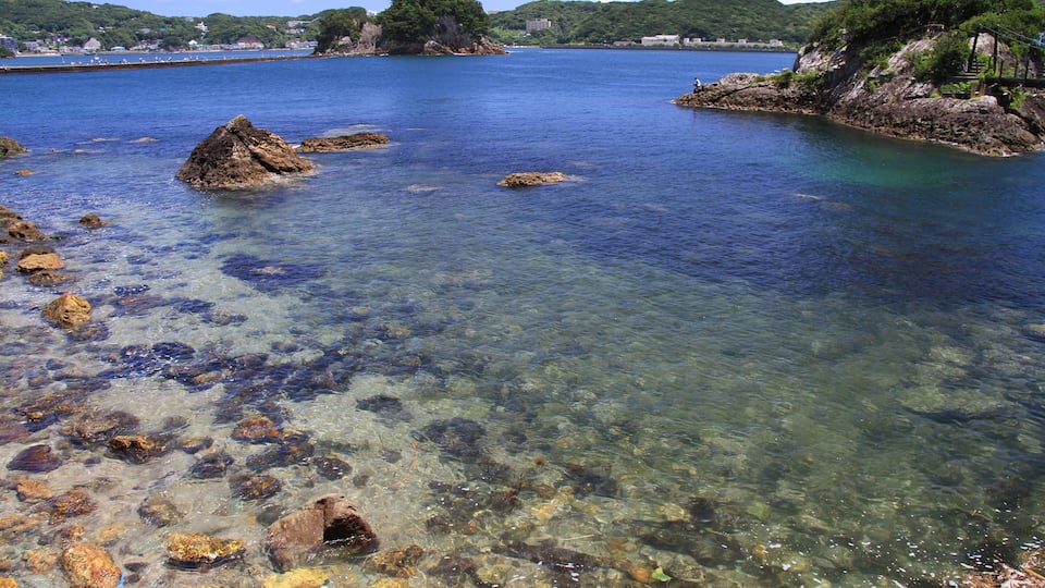 A coastal area with clear water, rocky formations, and distant hills.