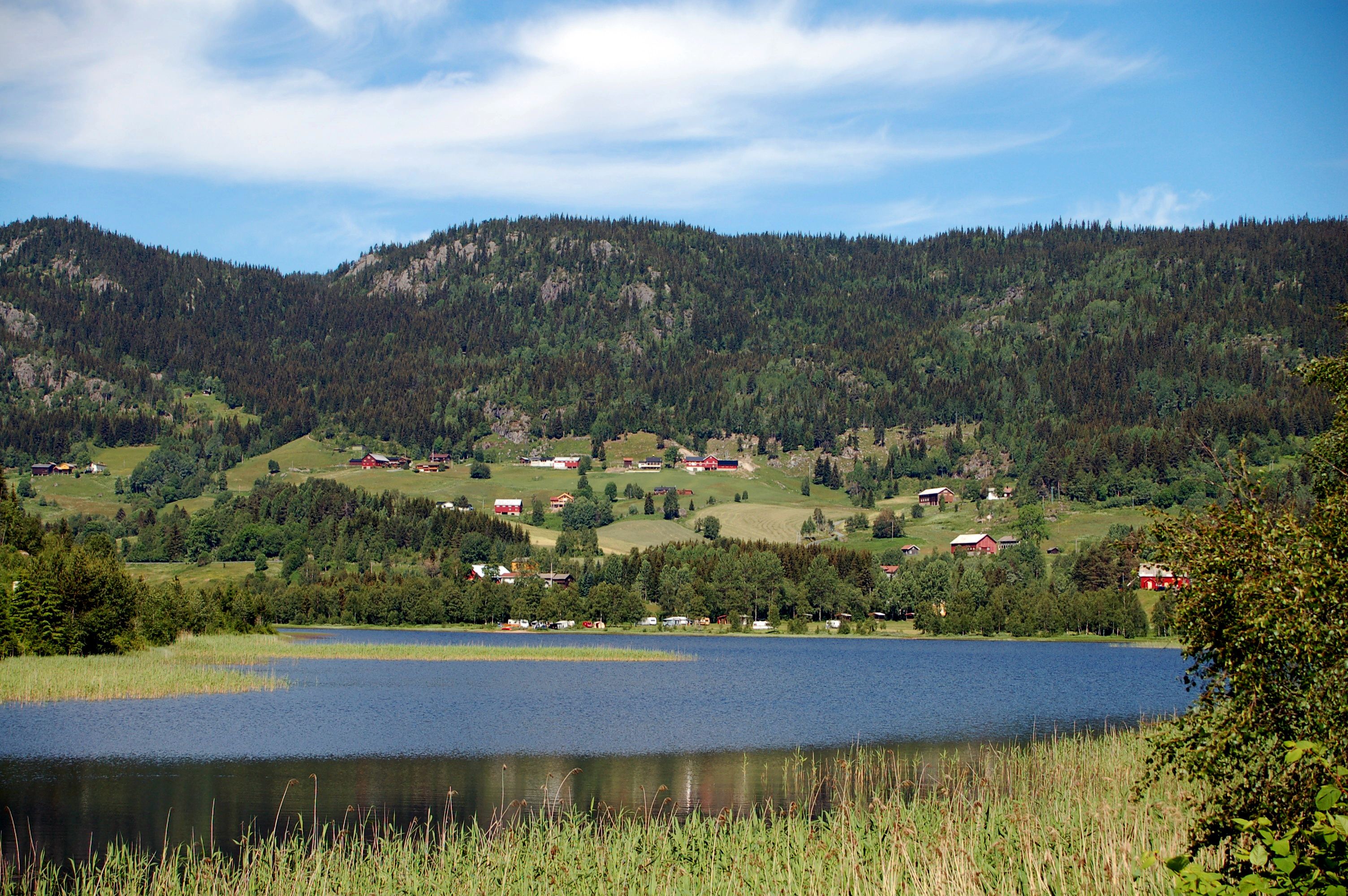 A lake surrounded by forested hills with scattered houses.