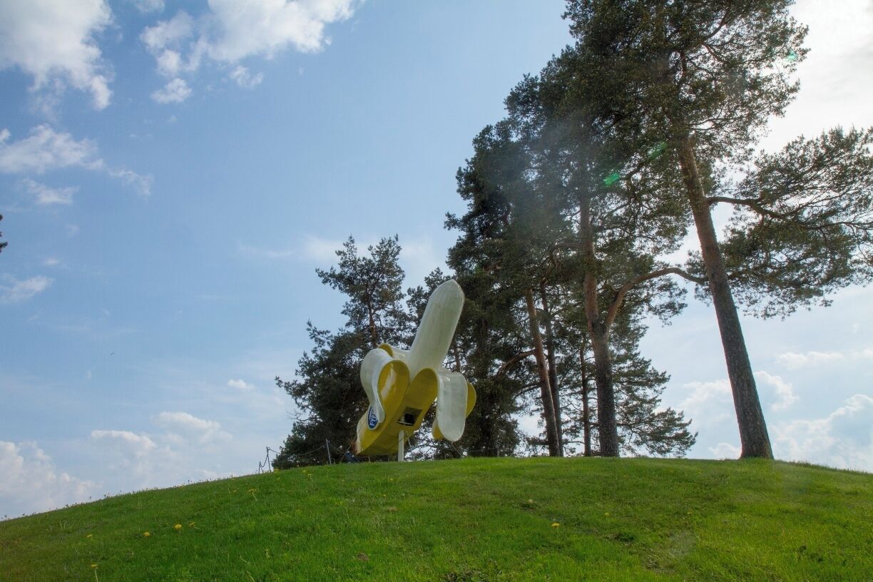 A sculpture of a banana on a grassy hill with trees in the background.