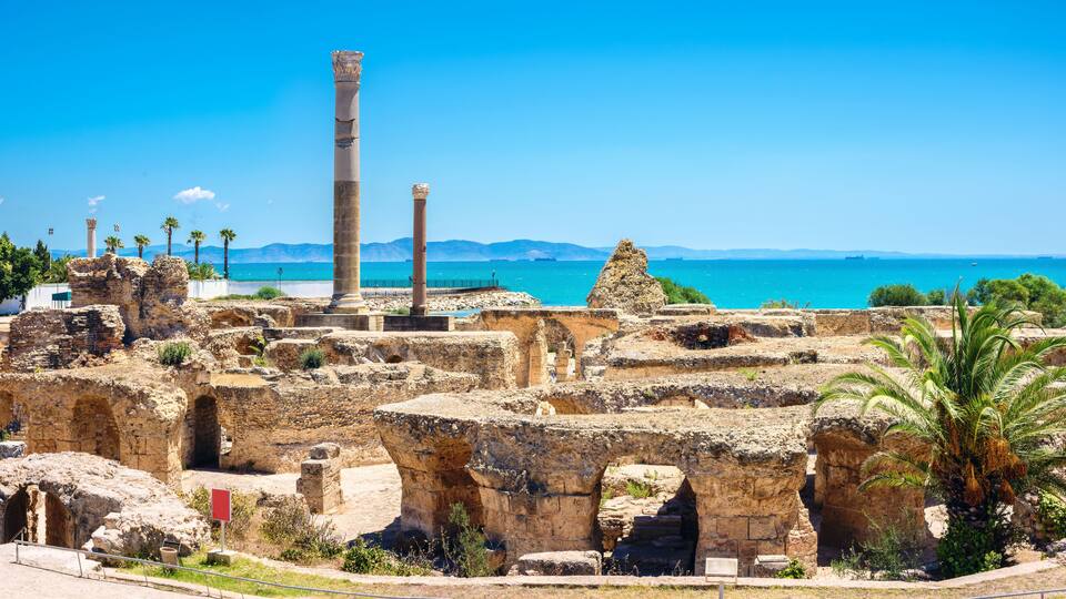 Ancient ruins with columns and arches, a palm tree, and a clear blue sea in the background.