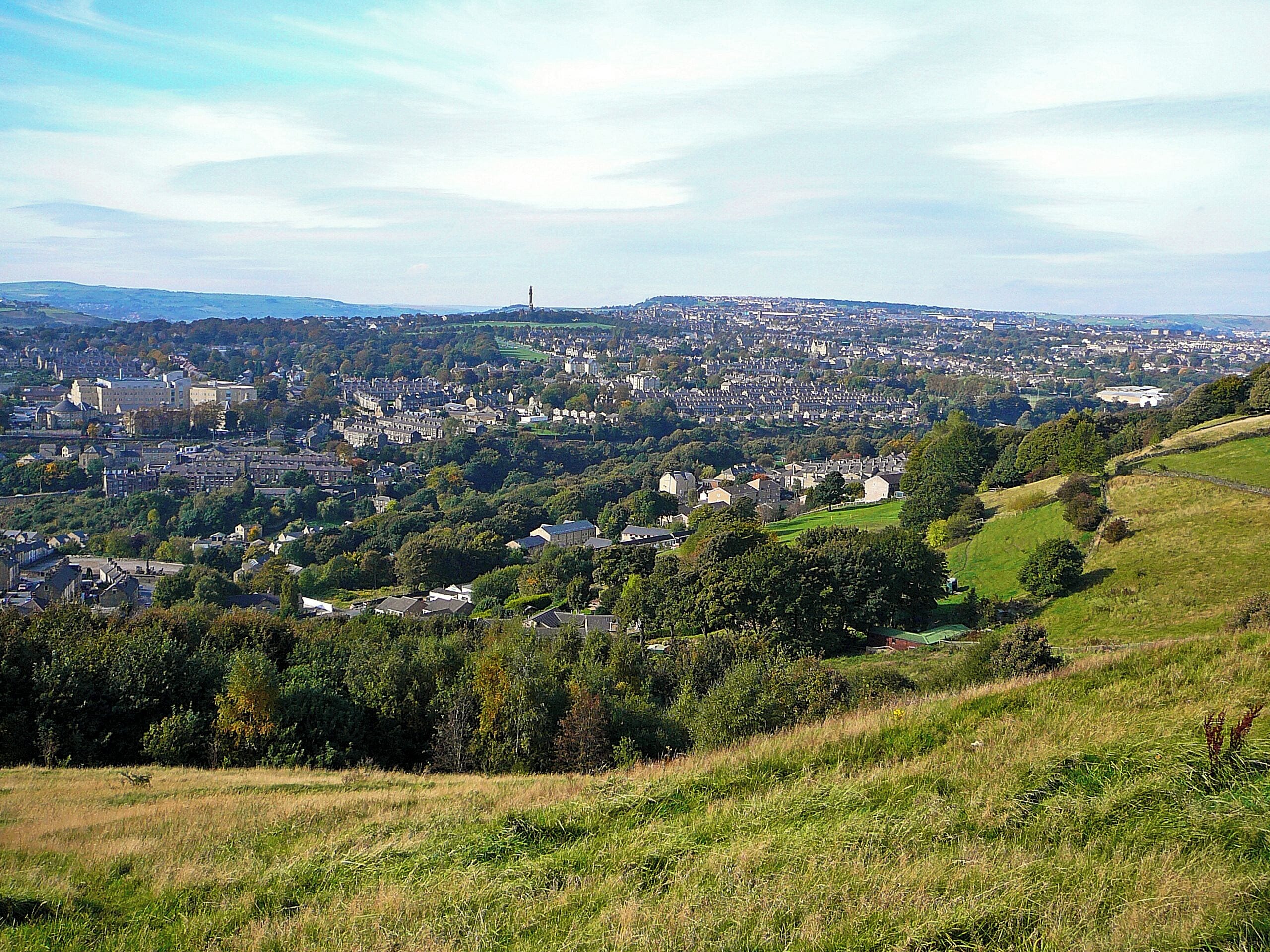 A panoramic view of a town with rolling hills, dense residential areas, and a prominent tower in the distance.