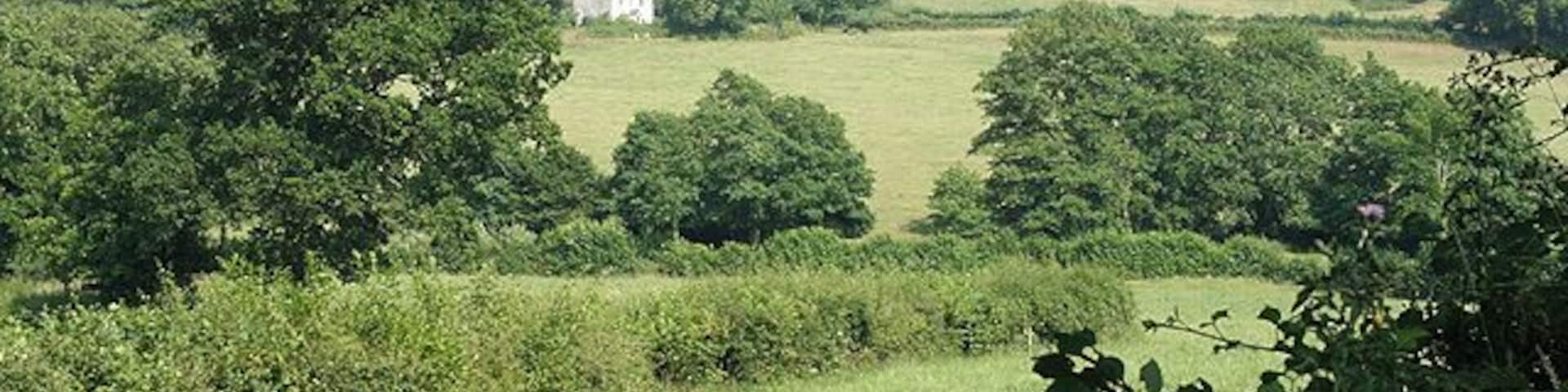 Un paisaje rural con colinas onduladas, árboles dispersos y una casa blanca a lo lejos.