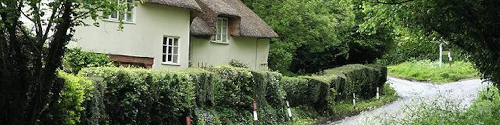 Broadhembury: cottage near Stafford Barton. The road ahead forks; that on the left leads to the head of the Tale valley whilst the main road climbs Stafford Hill to reach the top of the Blackdowns. Looking north east