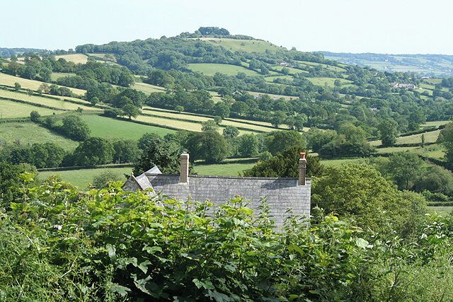 Luppitt: towards Dumpdon Hill. Looking south-south-east from a point just below Luppitt church. The iron age rampart on Dumpdon Hill is just visible beneath the clump of trees on the summit