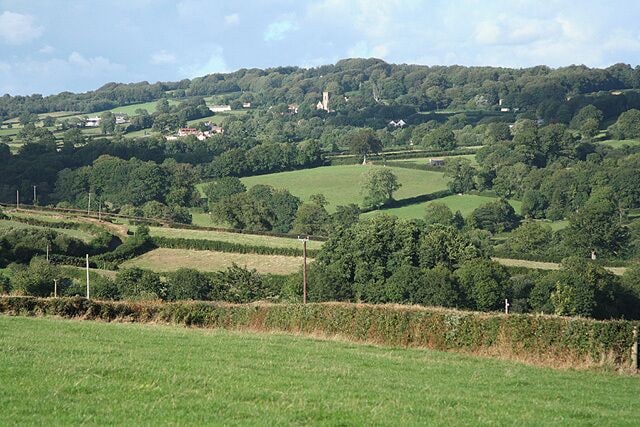 Yarcombe: the Yarty valley. Looking north east over the valley towards Buckland St Mary church which stands on the wooded hill beyond