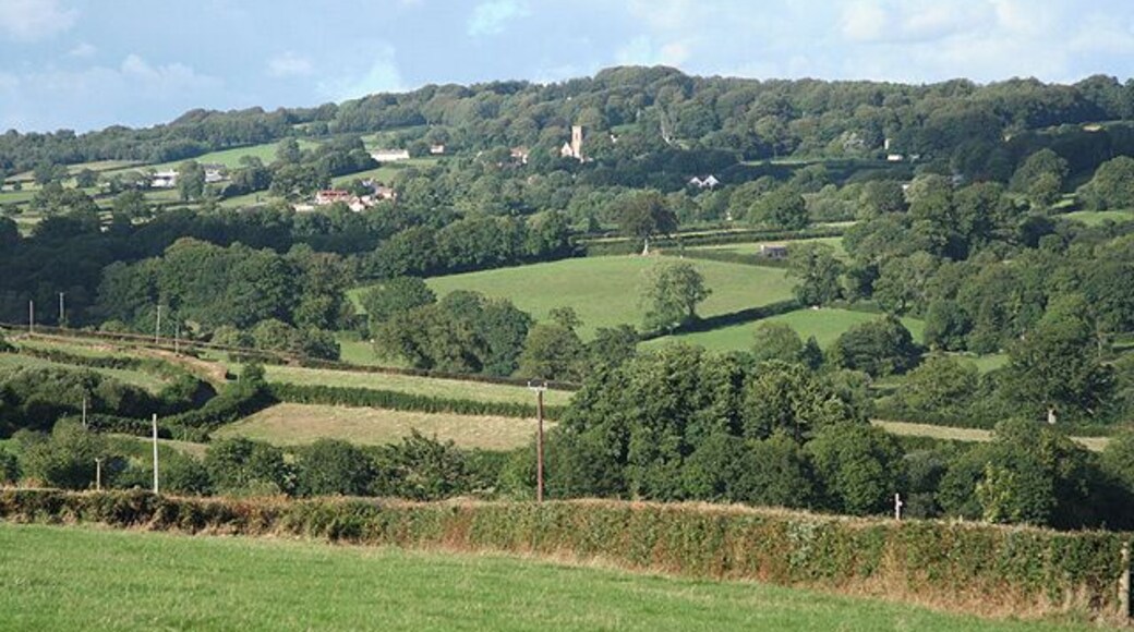 Yarcombe: the Yarty valley. Looking north east over the valley towards Buckland St Mary church which stands on the wooded hill beyond