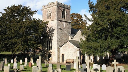 Feniton: St Andrews church. The stumpy tower is almost dominated by the yew trees in the churchyard. Looking north east